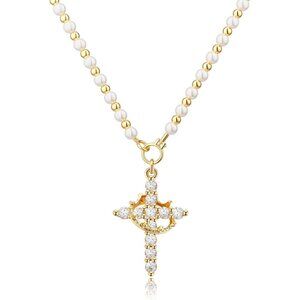 Crown Cross Necklace for Women 14K Gold Silver Plated Faith Birthstone Gift
